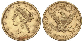 World Coins

United States of America

5 Dollars. 1901. PHILADELPHIA. 8,32 grs. AU (900). Coronet Head. (Limpiada, rayitas, probablemente ha estad...