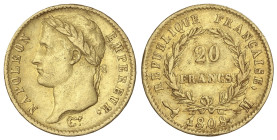 World Coins

France

20 Francs. 1808-M. NAPOLEON EMPEREUR. TOULOUSE. 6,40 grs. AU (900). (Descolgada). ESCASA. Fr-501; KM-687.3. MBC.