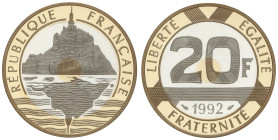 World Coins

France

20 Francs. 1992. 12,6 grs. AU+AR+CuNi. Mont Saint-Michel en oro bicolor. Tirada máxima: 15.000 piezas. En estuche original, c...
