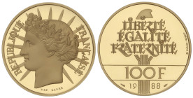 World Coins

France

100 Francs. 1988. 16,97 grs. AU (920). Fraternidad. En estuche original con certificado. KM-966b. PROOF.