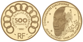 World Coins

France

500 Francs=70 Ecus. 1992. 16,99 grs. AU (920). Jean Monnet. En estuche original con certificado. Tirada: 5.000 piezas. KM-101...