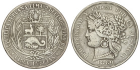 World Coins

Peru

5 Pesetas. 1880. LIMA. B.F. 24,37 grs. Sin punto detrás la B debajo la corona de flores. (Oxidaciones limpiadas). KM-201.1. MBC...