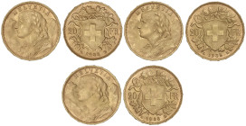 World Coins

Switzerland

Lote 3 monedas 20 Francos. 1935-LB. Peso total 19,33 grs. AU (900). Helvetia. Fr-499; KM-35.1. SC.