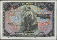 Spanish Banknotes

Banco de España

50 Pesetas. 24 Septiembre 1906. Sin Serie. (Pequeño pliegue en esquina y arruguitas). Ed-315. EBC.