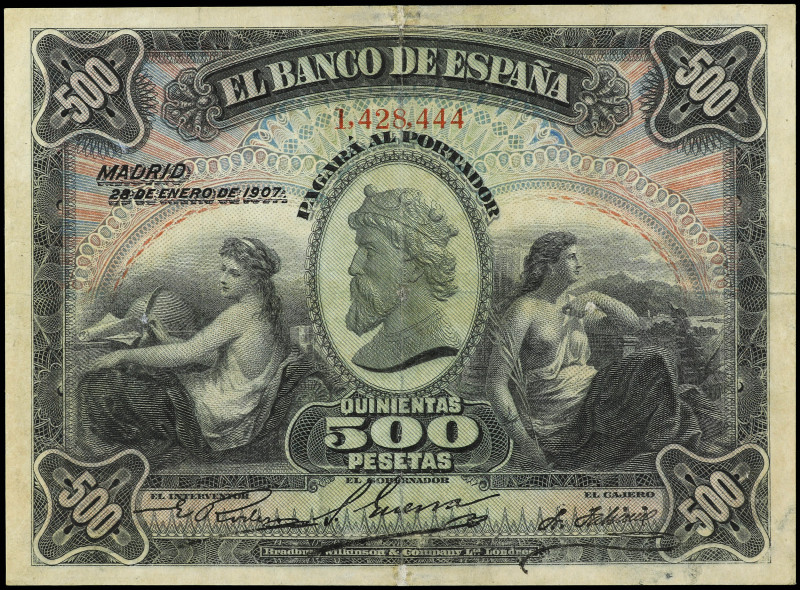 Spanish Banknotes

Banco de España

500 Pesetas. 28 Enero 1907. (Reparacione...