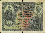 Spanish Banknotes

Banco de España

500 Pesetas. 15 Julio 1907. Alcazar de Segovia. (Reparaciones, tonalizado, leves manchitas). Ed-321. BC+.