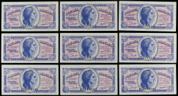 Spanish Banknotes

Banco de España

Lote 9 billetes 50 Céntimos. Emisión 1937. Serie C. Tres trios correlativos. Ed-391a. SC.