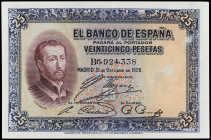 Spanish Banknotes

Banco de España

25 Pesetas. 12 Octubre 1926. San Francisco Xavier. Serie B. (Pequeñas zonas con falta de tinta por adhesivo, a...