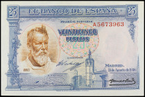 Spanish Banknotes

Banco de España

25 Pesetas. 31 agosto 1936. Sorolla. Serie A. Ed-367a. SC.