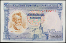 Spanish Banknotes

Banco de España

25 Pesetas. 31 Agosto 1936. Sorolla. Serie A. (Leves arruguitas). Ed-367a. SC-.