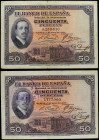 Spanish Banknotes

Banco de España

Lote 2 billetes 50 Pesetas. 17 Mayo 1927. Alfonso XIII. Uno con sello tampón violeta REPUBLICA ESPAÑOLA. (leve...