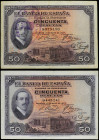 Spanish Banknotes

Banco de España

Lote 2 billetes 50 Pesetas. 17 Mayo 1927. Alfonso XIII. Con Sello tampón violeta REPÚBLICA ESPAÑOLA. Ed-332. M...
