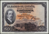 Spanish Banknotes

Banco de España

50 Pesetas. 17 Mayo 1927. Alfonso XIII. Con Sello en seco GOBIERNO PROVISIONAL DE LA REPÚBLICA (Pequeña repara...