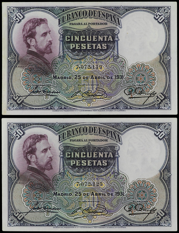 Spanish Banknotes

Banco de España

Lote 2 billetes 50 Pesetas. 25 Abril 193...