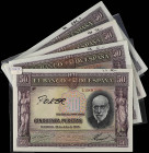 Spanish Banknotes

Banco de España

Lote 14 billetes 50 Pesetas. 22 Julio 1935. Ramón y Cajal. Sin Serie. Incluye tres cuartetos y una pareja corr...