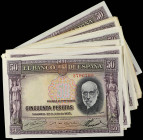 Spanish Banknotes

Banco de España

Lote 28 billetes 50 Pesetas. 22 julio 1935. Ramón y Cajal. Sin serie. Incluye una pareja y un trio correlativo...