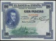 Spanish Banknotes

Banco de España

100 Pesetas. 1 Julio 1925. Felipe II. Sin Serie. (Leves arruguitas). Ed-323. EBC.