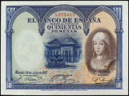 Spanish Banknotes

Banco de España

500 Pesetas. 24 Julio 1927. Isabel ´La Católica´. (Levísimas manchitas, raspadura de papel en margen inferior,...