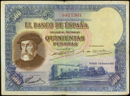 Spanish Banknotes

Banco de España

500 Pesetas. 7 Enero 1935. Hernán Cortés. (pequeñas roturas, Algo sucio). Ed-365. MBC-.