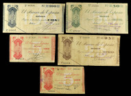 Spanish Banknotes

Civil War

Serie 5 billetes 5 (2), 25, 50 y 100 Pesetas. 30 Agosto 1936. EL BANCO DE ESPAÑA. BILBAO. Diferentes antefirmas. Ed-...