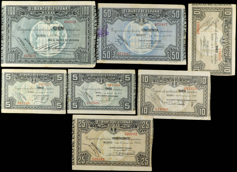 Spanish Banknotes

Civil War

Lote 7 billetes 5 (2), 10 (2) 25, 50 y 100 Pes...