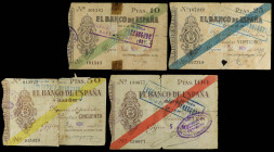 Spanish Banknotes

Civil War

Serie 5 billetes 5, 10, 25, 50 y 100 Pesetas. 1936. EL BANCO DE ESPAÑA. GIJÓN. (Roturas). A EXAMINAR. Ed-380/384. BC...
