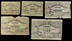 Spanish Banknotes

Civil War

Serie 5 billetes 5, 10, 25, 50 y 100 Pesetas. 1 Noviembre 1937. EL BANCO DE ESPAÑA. SANTANDER. Varias antefirmas. (R...