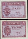 Spanish Banknotes

Estado Español

Lote 2 billetes 1 Peseta. 12 Octubre 1937. Serie D. (Pequeña doblez en esquina, leves manchitas). Ed-425a. SC- ...