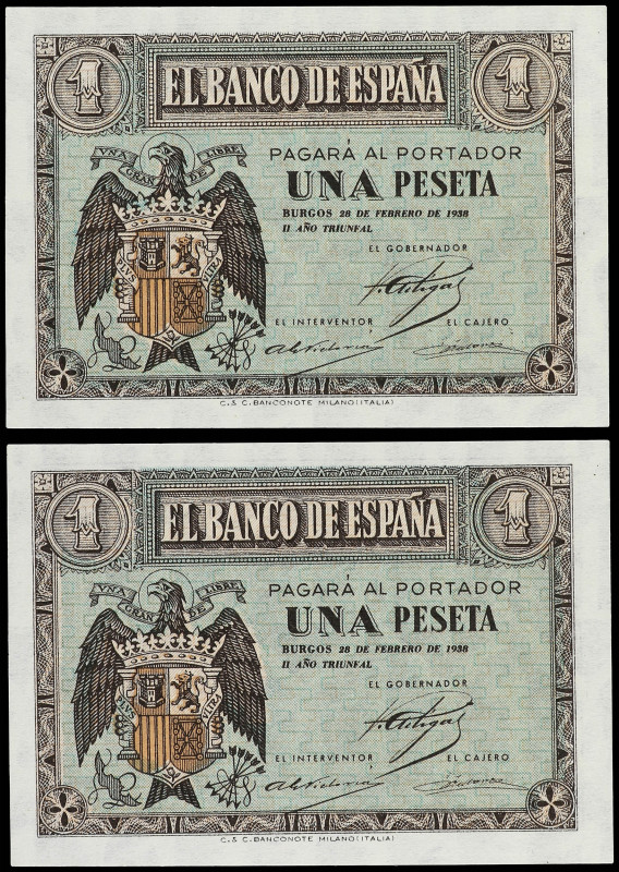 Spanish Banknotes

Estado Español

Lote 2 billetes 1 Peseta. 28 Febrero 1938...