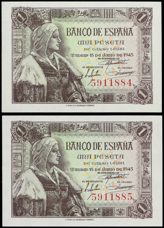 Spanish Banknotes

Estado Español

Lote 2 billetes 1 Peseta. 15 Junio 1945. ...