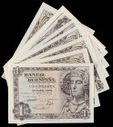 Spanish Banknotes

Estado Español

Lote 10 billetes 1 Peseta. 19 Junio 1948. Dama de Elche. Sin Serie (8) y Serie O (2). A EXAMINAR. Ed-457, 457b....