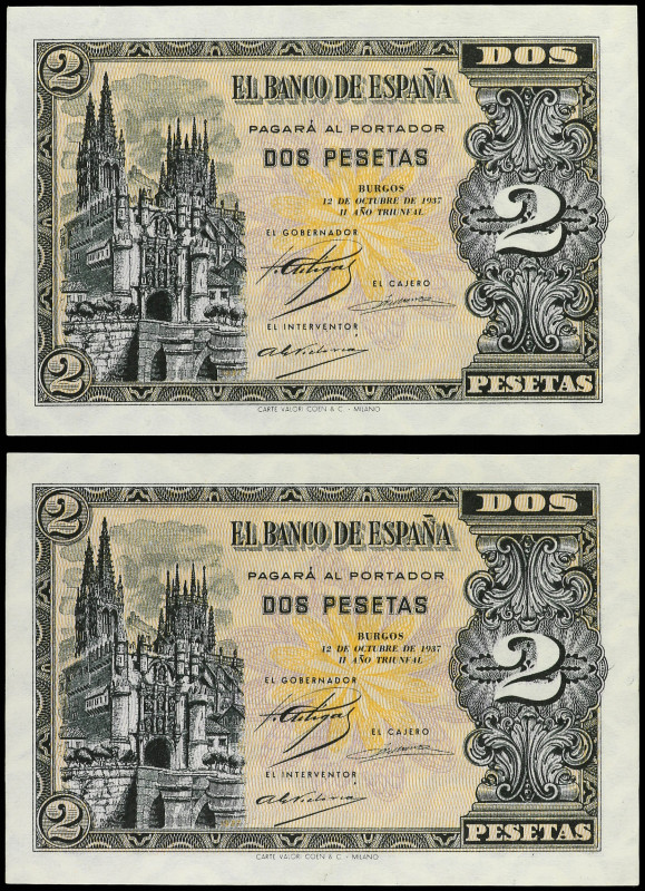 Spanish Banknotes

Estado Español

Lote 2 billetes 2 Pesetas. 12 Octubre 193...