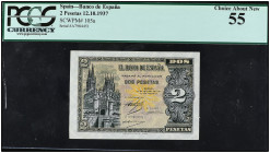Spanish Banknotes

Estado Español

2 Pesetas. 12 Octubre 1937. Precintado y garantizado por PCGS como 55 CHOICE ABOUT NEW (Precinto cortado y abie...