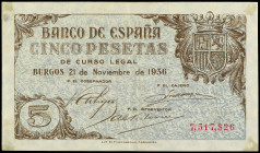 Spanish Banknotes

Estado Español

5 Pesetas. 21 Noviembre 1936. (Restos de adhesivo en esquinas y pequeña rotura). Ed-417. (MBC+).