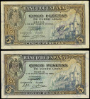 Spanish Banknotes

Estado Español

Lote 2 billetes 5 Pesetas. 4 Septiembre 1940. Alcazar de Segovia. Serie A y D. Ed-443, 443a. MBC+.