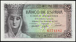 Spanish Banknotes

Estado Español

5 Pesetas. 13 Febrero 1943. Isabel `la Católica´. Sin Serie. (Levísimas arruguitas, levísimas manchitas). Ed-44...