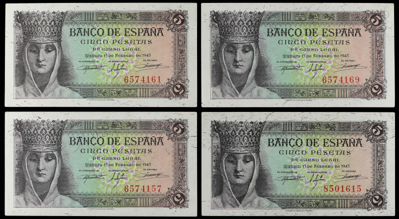 Spanish Banknotes

Estado Español

Lote 4 billetes 5 Pesetas. 13 Febrero 194...