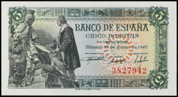 Spanish Banknotes

Estado Español

5 Pesetas. 15 Junio 1945. Capitulaciones de Santa Fe. Sin Serie. (Arruguitas). Ed-449. SC.