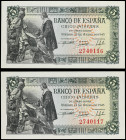 Spanish Banknotes

Estado Español

Lote 2 billetes 5 Pesetas. 15 Junio 1945. Capitulaciones de Santa Fe. Sin Serie. Pareja correlativa. (Leves arr...
