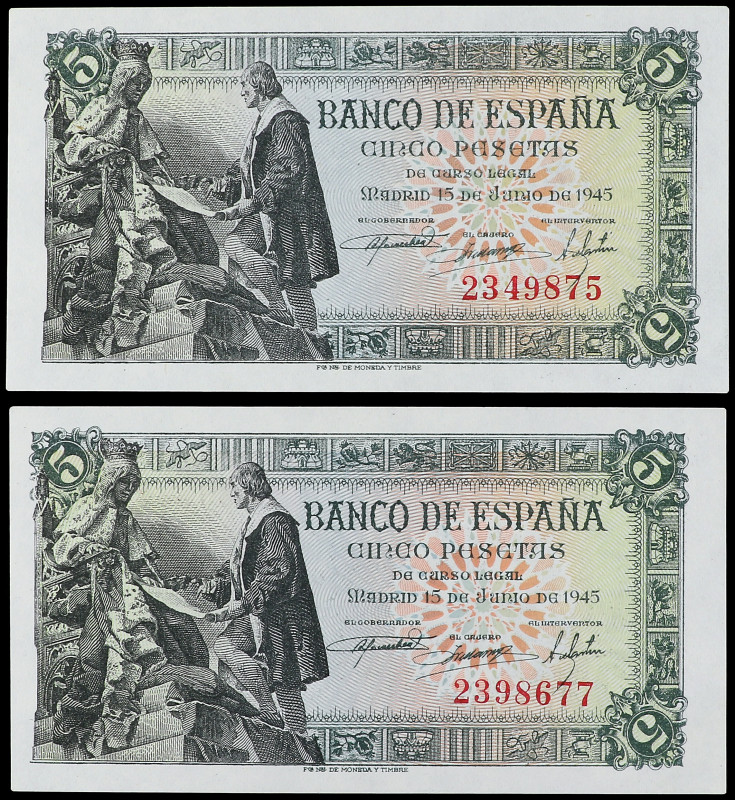 Spanish Banknotes

Estado Español

Lote 2 billetes 5 Pesetas. 15 Junio 1945....