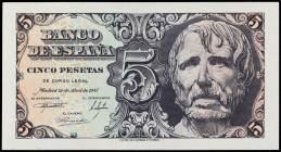 Spanish Banknotes

Estado Español

5 Pesetas. 12 Abril 1947. Séneca. Sin serie. (Leve doblez en esquina). Ed-454. SC.