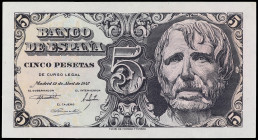 Spanish Banknotes

Estado Español

5 Pesetas. 12 Abril 1947. Séneca. Serie A. Ed-454a. SC.