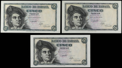 Spanish Banknotes

Estado Español

Lote 3 billetes 5 Pesetas. 5 Marzo 1948. Elcano. Sin Serie. (Muy leves arruguitas). Ed-455. SC-.