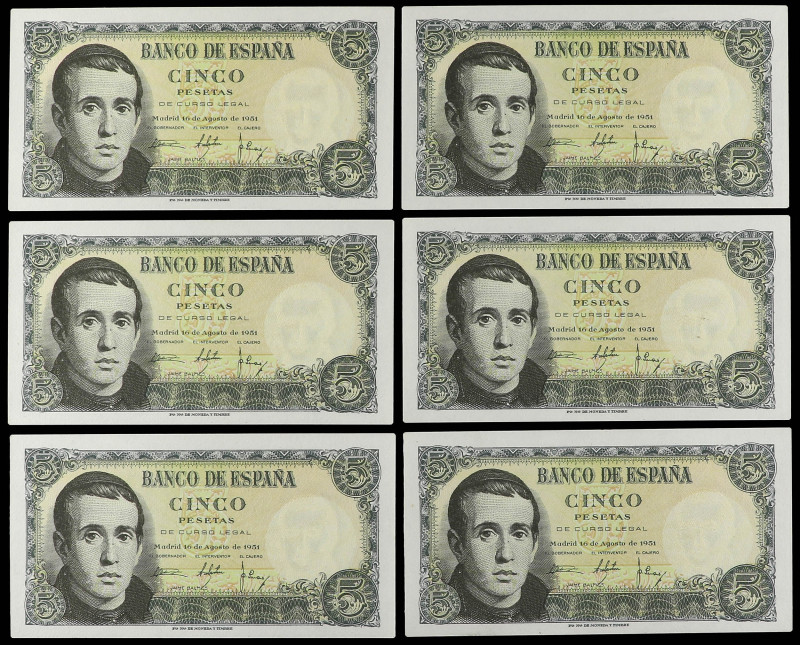 Spanish Banknotes

Estado Español

Lote 6 billetes 5 Pesetas. 16 Agosto 1951...