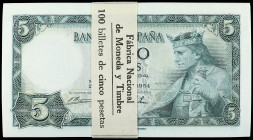 Spanish Banknotes

Estado Español

Lote 100 billetes 5 Pesetas. 22 Julio 1954. Alfonso X. Serie D. Todos correlativos. En fajo original F.N.M.T. (...