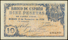 Spanish Banknotes

Estado Español

10 Pesetas. 21 Noviembre 1936. Ed-418. MBC+.