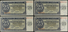 Spanish Banknotes

Estado Español

Lote 4 billetes 25 Pesetas. 21 Noviembre 1936. Series R. Dos pareja correlativas casi seguidas. Ed-419a. EBC+.