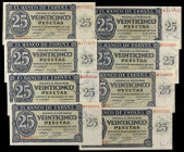 Spanish Banknotes

Estado Español

Lote 8 billetes 25 Pesetas. 21 Noviembre 1936. Series R. A EXAMINAR. Ed-419a. EBC a SC-.