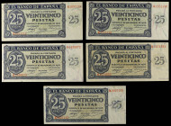 Spanish Banknotes

Estado Español

Lote 5 billetes 25 pesetas. 21 Noviembre 1936. Serie Q (2), R y S (2). A EXAMINAR. Ed-419a, 419b. EBC- a EBC+.