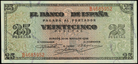 Spanish Banknotes

Estado Español

25 Pesetas. 20 Mayo 1938. Giralda de Sevilla. Serie B. (Arruguitas). Ed-430a. SC-.